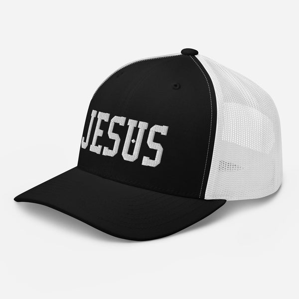 Jesus, White Thread Embroidered Trucker Cap - Christian Hat