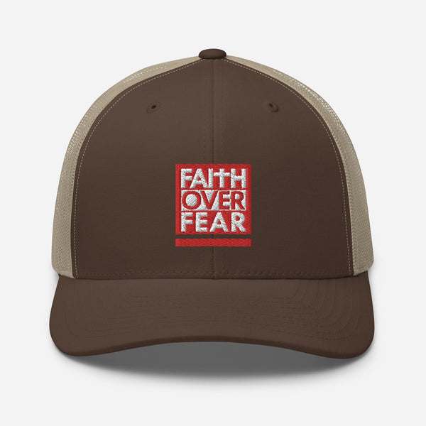 Faith Over Fear, Red and White Embroidered Trucker Cap - Christian Hat