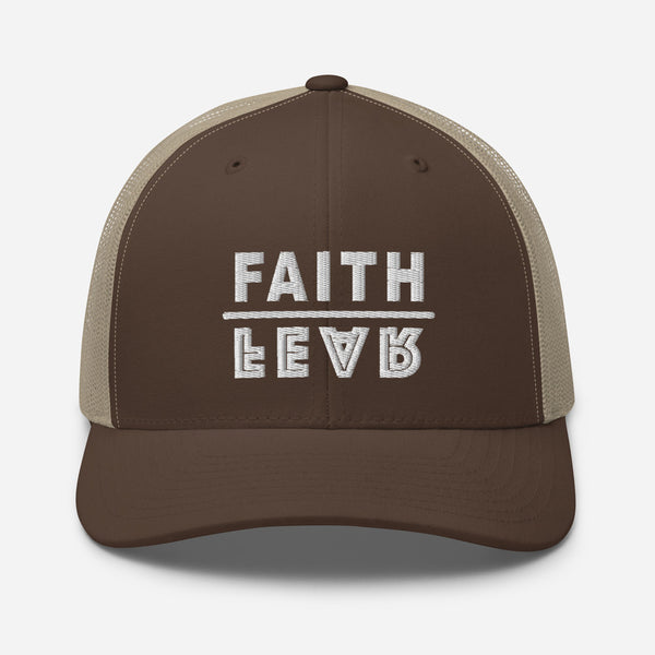 Faith Over Fear, White Thread Embroidered Trucker Cap - Christian Hat