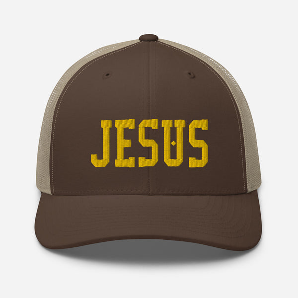 Jesus, Yellow Thread Embroidered Trucker Cap - Christian Hat