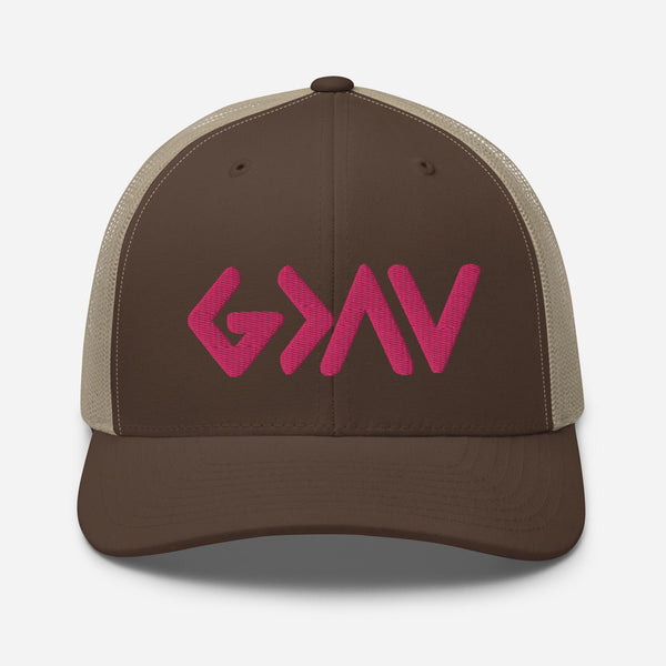 God Greater Than Highs and Lows, Pink Thread Embroidered Trucker Cap - Christian Hat