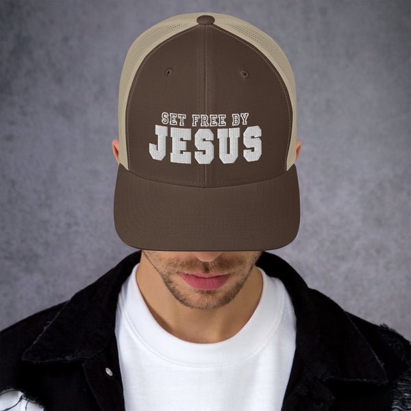 Set Free By Jesus Fill Embroidered Trucker Cap - Christian Hat