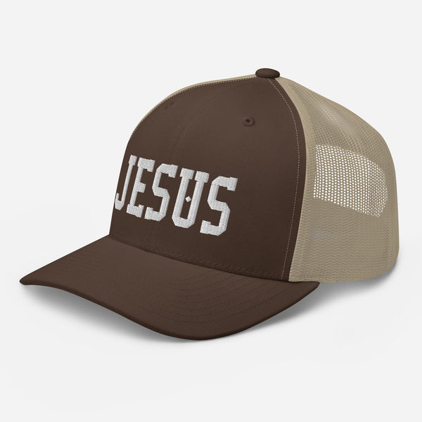 Jesus, White Thread Embroidered Trucker Cap - Christian Hat