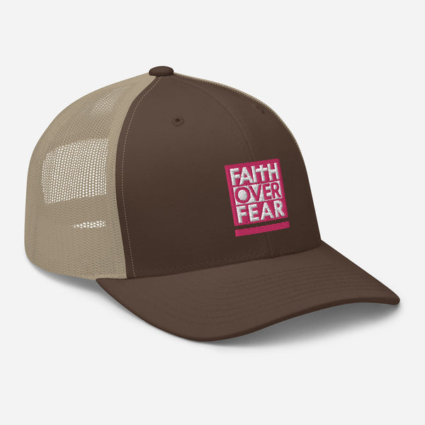 Faith Over Fear, Pink and White Embroidered Trucker Cap - Christian Hat