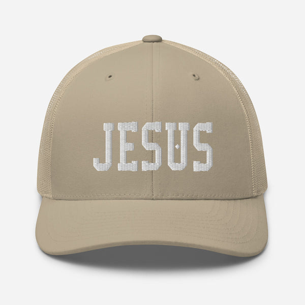 Jesus, White Thread Embroidered Trucker Cap - Christian Hat