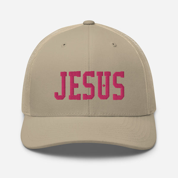 Jesus, Pink Thread Embroidered Trucker Cap - Christian Hat