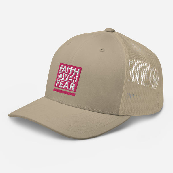 Faith Over Fear, Pink and White Embroidered Trucker Cap - Christian Hat