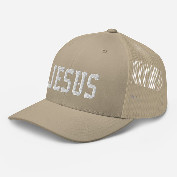 Jesus, White Thread Embroidered Trucker Cap - Christian Hat