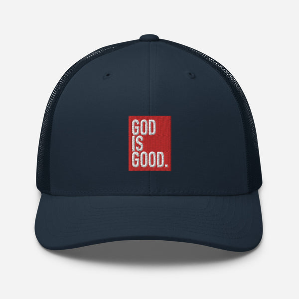 God Is Good, Red and White Embroidered Trucker Cap - Christian Hat