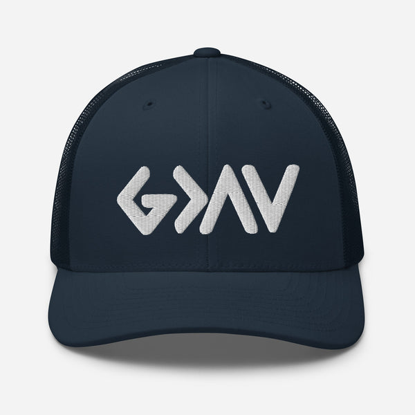 God Greater Than The Highs and Lows, White Embroidered Trucker Cap - Christian Hat