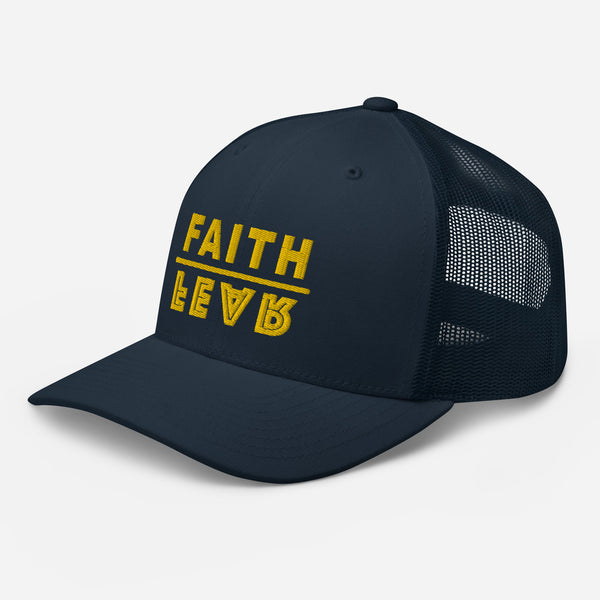 Faith Over Fear, Gold Embroidered Trucker Cap - Christian Hat