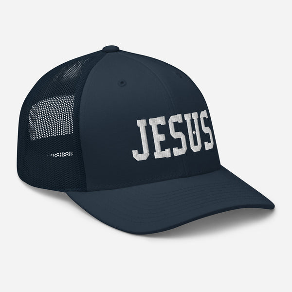 Jesus, White Thread Embroidered Trucker Cap - Christian Hat