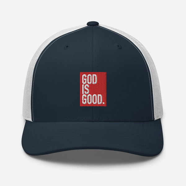God Is Good, Red and White Embroidered Trucker Cap - Christian Hat