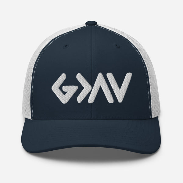 God Greater Than The Highs and Lows, White Embroidered Trucker Cap - Christian Hat