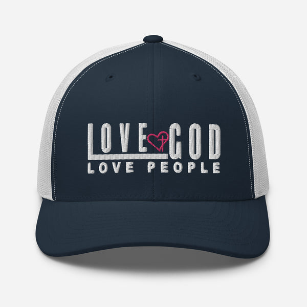 Love God Love People, White and Pink Thread Embroidered Trucker Cap - Christian Hat