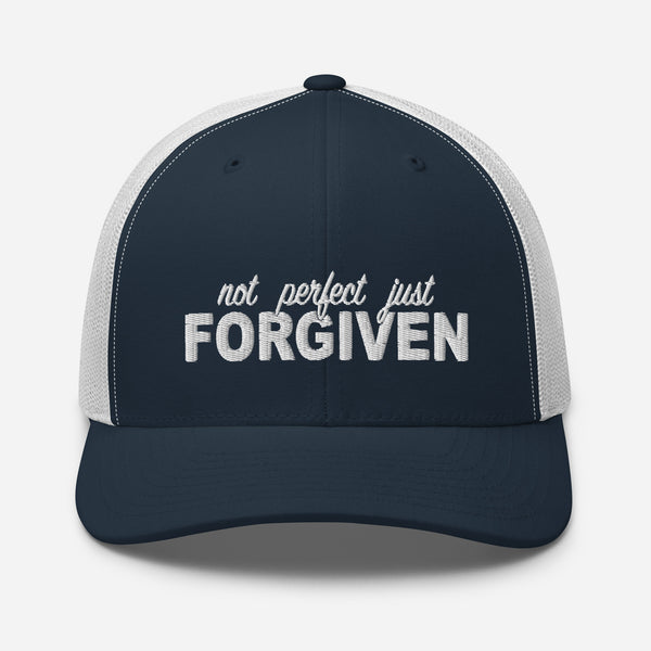Not Perfect Just Forgiven White Thread Embroidered Trucker Cap