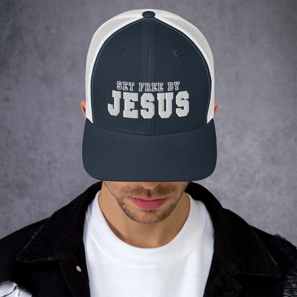 Set Free By Jesus Fill Embroidered Trucker Cap - Christian Hat