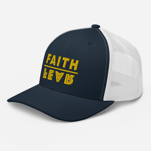 Faith Over Fear, Gold Embroidered Trucker Cap - Christian Hat