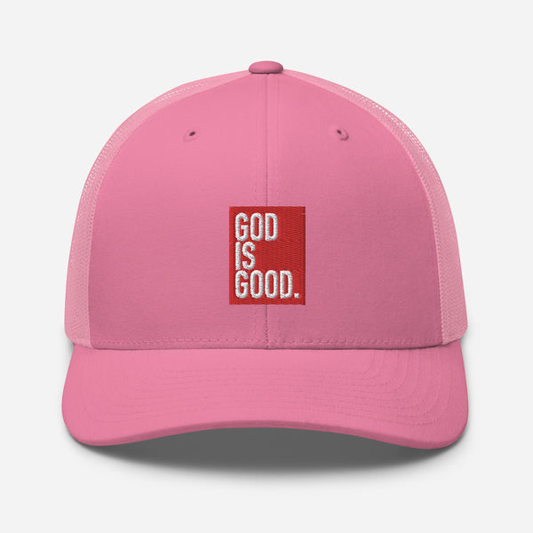 God Is Good, Red and White Embroidered Trucker Cap - Christian Hat