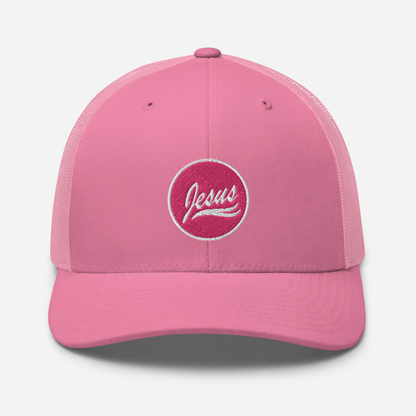 Jesus Circled, Pink and White Embroidered Trucker Cap - Christian Hat