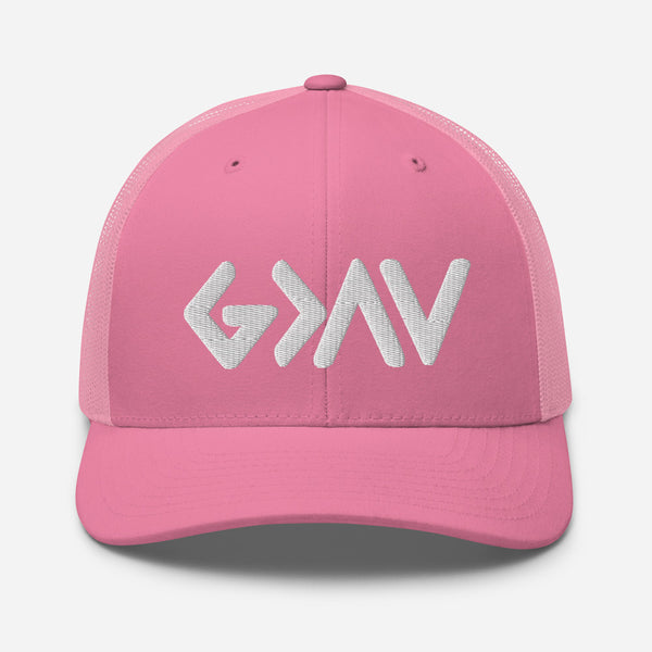 God Greater Than The Highs and Lows, White Embroidered Trucker Cap - Christian Hat