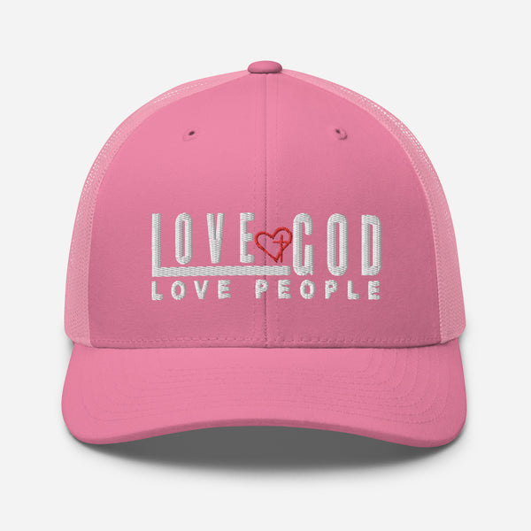 Love God Love People White and Red Thread Embroidered Trucker Cap - Christian Hat