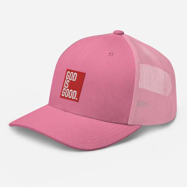 God Is Good, Red and White Embroidered Trucker Cap - Christian Hat