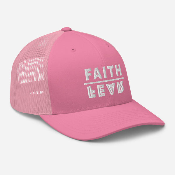 Faith Over Fear, White Thread Embroidered Trucker Cap - Christian Hat