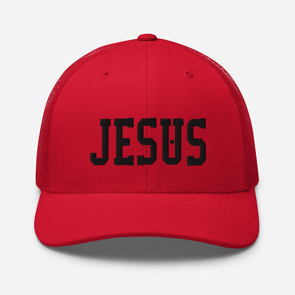 Jesus, Black Thread Embroidered Trucker Cap - Christian Hat