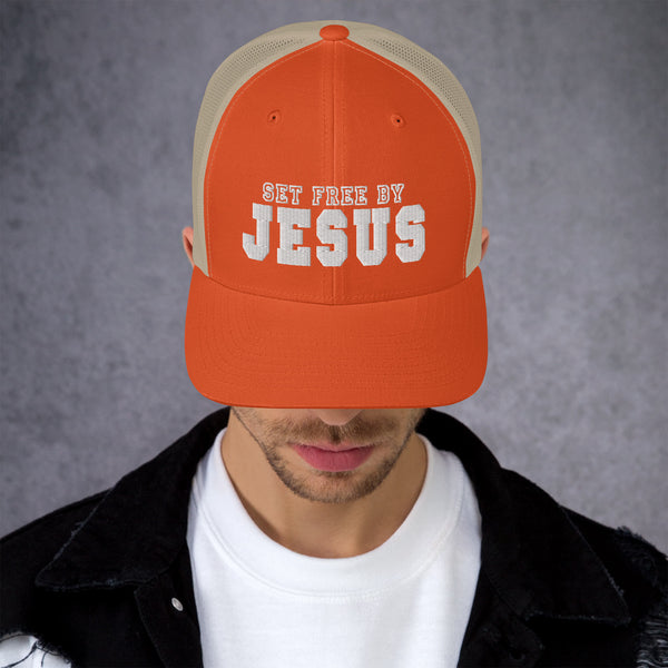 Set Free By Jesus Fill Embroidered Trucker Cap - Christian Hat