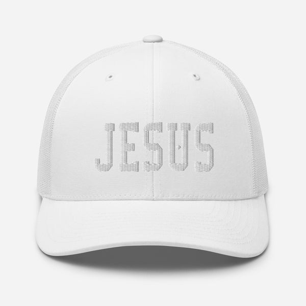 Jesus, White Thread Embroidered Trucker Cap - Christian Hat