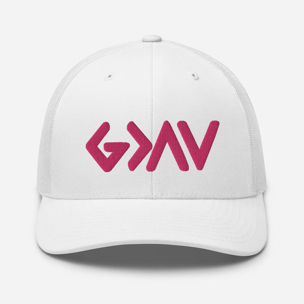 God Greater Than Highs and Lows, Pink Thread Embroidered Trucker Cap - Christian Hat