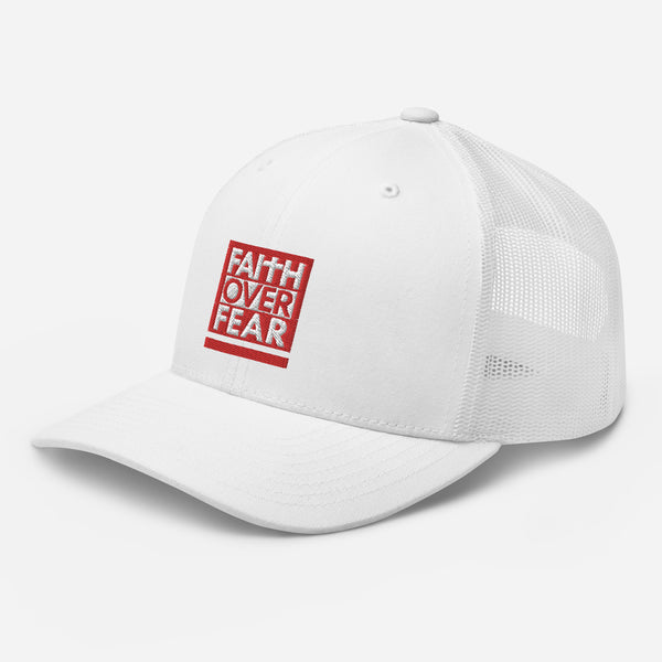 Faith Over Fear, Red and White Embroidered Trucker Cap - Christian Hat