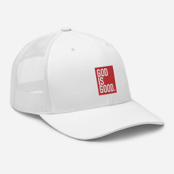 God Is Good, Red and White Embroidered Trucker Cap - Christian Hat