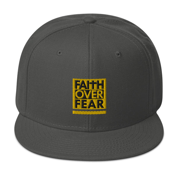 Faith Over Fear, Gold and Black Embroidered Snapback - Christian Hat