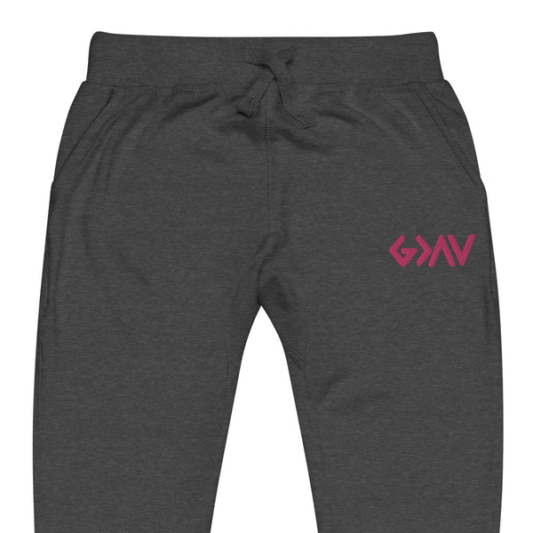 God Greater Than Highs and Lows Pink Thread Embroidered Unisex fleece sweatpants, Christian Apparel